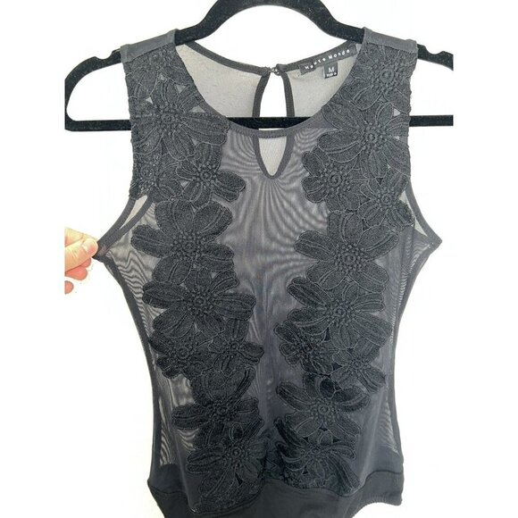 HAUTE Monde Black Bodysuit Sheer Floral Sleevless Size M Womens Sexy G - Picture 6 of 11